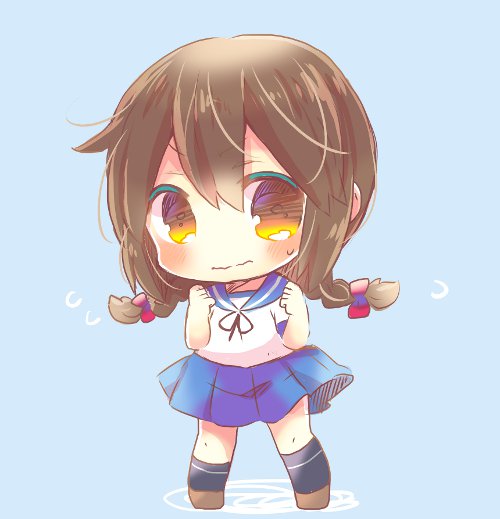 1girl blue_sailor_collar blue_skirt braid brown_eyes brown_hair chibi hair_between_eyes hair_ribbon hiyokou_(hiyoyo) isonami_(kantai_collection) kantai_collection long_hair low_twintails pleated_skirt ribbon school_uniform serafuku sidelocks skirt solo standing twin_braids twintails