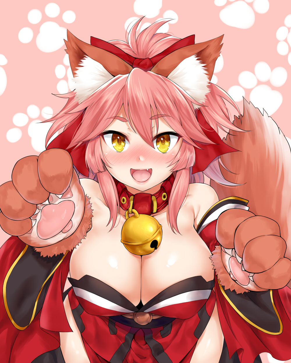 1girl animal_ears bare_shoulders bell bell_collar blush bow breasts cat_ears cleavage collar fang fate_(series) fox_tail hair_bow highres large_breasts leaning_forward long_hair looking_at_viewer paws pink_hair smile solo tail tamamo_(fate)_(all) tamamo_cat_(fate) thighs yellow_eyes yomomirin
