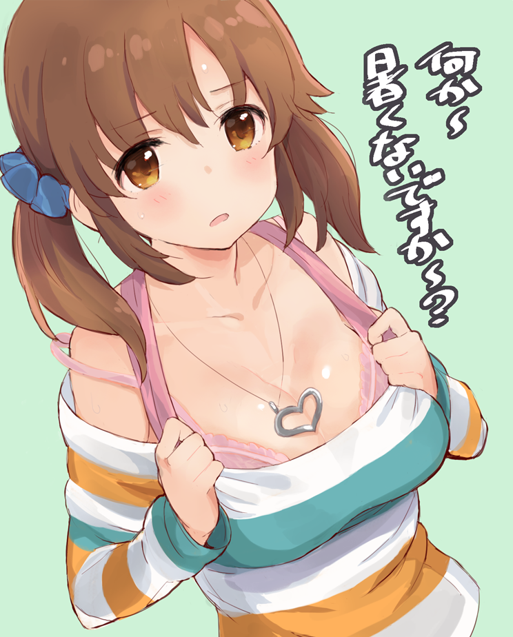 1girl blush bra breasts brown_eyes brown_hair cleavage dutch_angle green_background hair_ornament hair_scrunchie heart heart_necklace idolmaster idolmaster_cinderella_girls jewelry large_breasts long_sleeves necklace open_mouth pink_bra scrunchie simple_background solo strap_slip striped sweat tetsujin_momoko totoki_airi twintails underwear