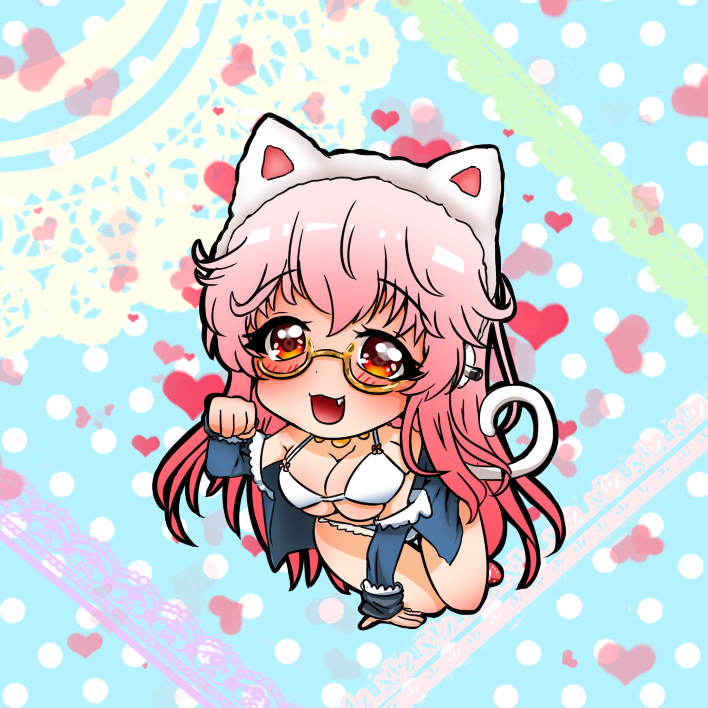 1girl aki_sakura animal_ears bespectacled bikini blush breasts cat_ears cat_tail chibi cleavage fake_animal_ears fang glasses headphones kemonomimi_mode large_breasts long_hair looking_at_viewer nitroplus open_mouth paw_pose pink_hair red_eyes smile solo super_sonico swimsuit tail