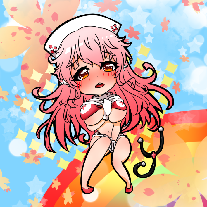 1girl :o aki_sakura bikini_top blush breasts chestnut_mouth chibi cleavage hat headphones large_breasts long_hair looking_at_viewer navel nitroplus nurse nurse_cap open_mouth panties pink_hair red_cross red_eyes solo stethoscope super_sonico underwear white_panties