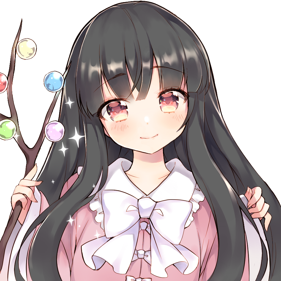 1girl black_hair blush branch dress houraisan_kaguya jeweled_branch_of_hourai long_hair looking_at_viewer mugicha_(mugicha0929) pink_clothes pink_dress portrait smile solo sparkle touhou wide_sleeves