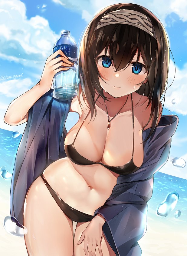 1girl artist_name beach bikini black_bikini blue_eyes blush bottle breasts brown_hair cleavage dutch_angle hair_between_eyes hairband hand_on_own_thigh idolmaster idolmaster_cinderella_girls jewelry kurutsu large_breasts leaning_forward long_hair looking_at_viewer navel necklace pendant sagisawa_fumika shawl smile solo swimsuit twitter_username water_bottle wet