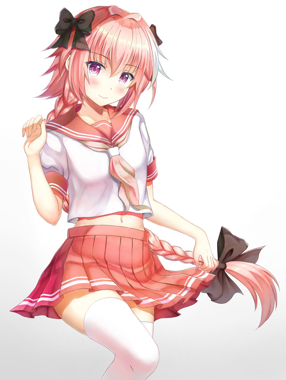 1boy astolfo_(fate) bangs black_bow blush bow braid closed_mouth collarbone eroge-_(artist) eyebrows_visible_through_hair fate/grand_order fate_(series) floating_hair gradient gradient_background grey_background hair_between_eyes hair_bow hair_intakes hand_up head_tilt highres long_hair looking_at_viewer male_focus medium_skirt midriff multicolored_hair nail_polish navel neckerchief one_leg_raised pink_hair pink_nails pink_neckwear pleated_skirt red_sailor_collar red_skirt shiny shiny_hair short_sleeves sidelocks single_braid skirt skirt_hold smile solo standing standing_on_one_leg streaked_hair thigh-highs trap very_long_hair violet_eyes white_background white_hair white_legwear zettai_ryouiki
