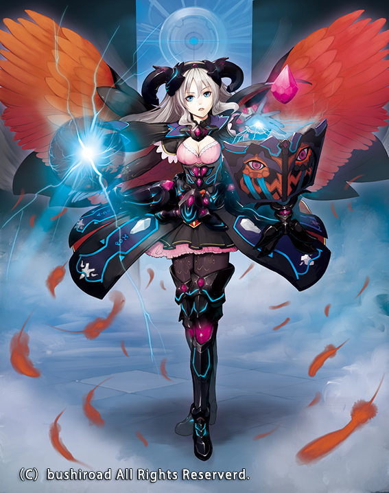 1girl blue_eyes book boots breasts cardfight!!_vanguard cleavage company_name decipherer_of_prohibited_books electricity feathered_wings feathers full_body gem gloves horns long_hair looking_at_viewer medium_breasts official_art open_mouth pantyhose saitou_takeo silver_hair solo standing wings