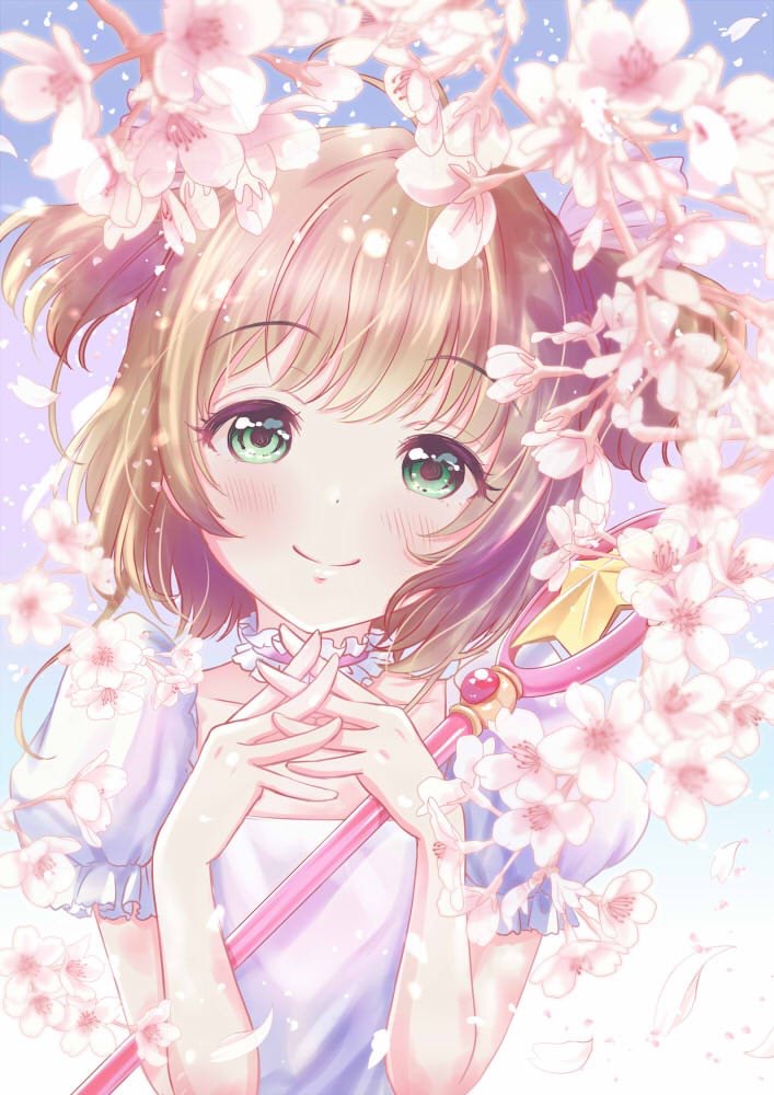 1girl blush brown_hair card_captor_sakura cherry_blossoms choker collarbone day eyebrows_visible_through_hair green_eyes kinomoto_sakura looking_at_viewer outdoors pink_flower shirt short_hair short_sleeves smile solo staff standing two_side_up upper_body white_shirt yuuki_(yukinko-02727)