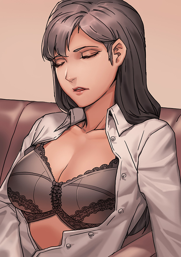 1girl black_bra bra breasts brown_background cleavage closed_eyes collarbone couch large_breasts open_clothes open_mouth open_shirt original shirt sitting sleeping solo underwear upper_body zakusi