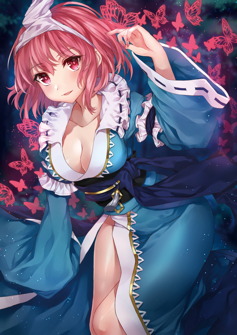 1girl blue_kimono breasts butterfly cleavage collar collarbone cowboy_shot frilled_collar frilled_kimono frills japanese_clothes kimono komazuki_(komaworks240) leaning_forward looking_at_viewer medium_breasts nail_polish no_hat no_headwear obi parted_lips pink_eyes pink_hair pink_nails ribbon-trimmed_sleeves ribbon_trim saigyouji_yuyuko sash short_hair sleeves_past_wrists smile solo tassel touhou triangular_headpiece wide_sleeves