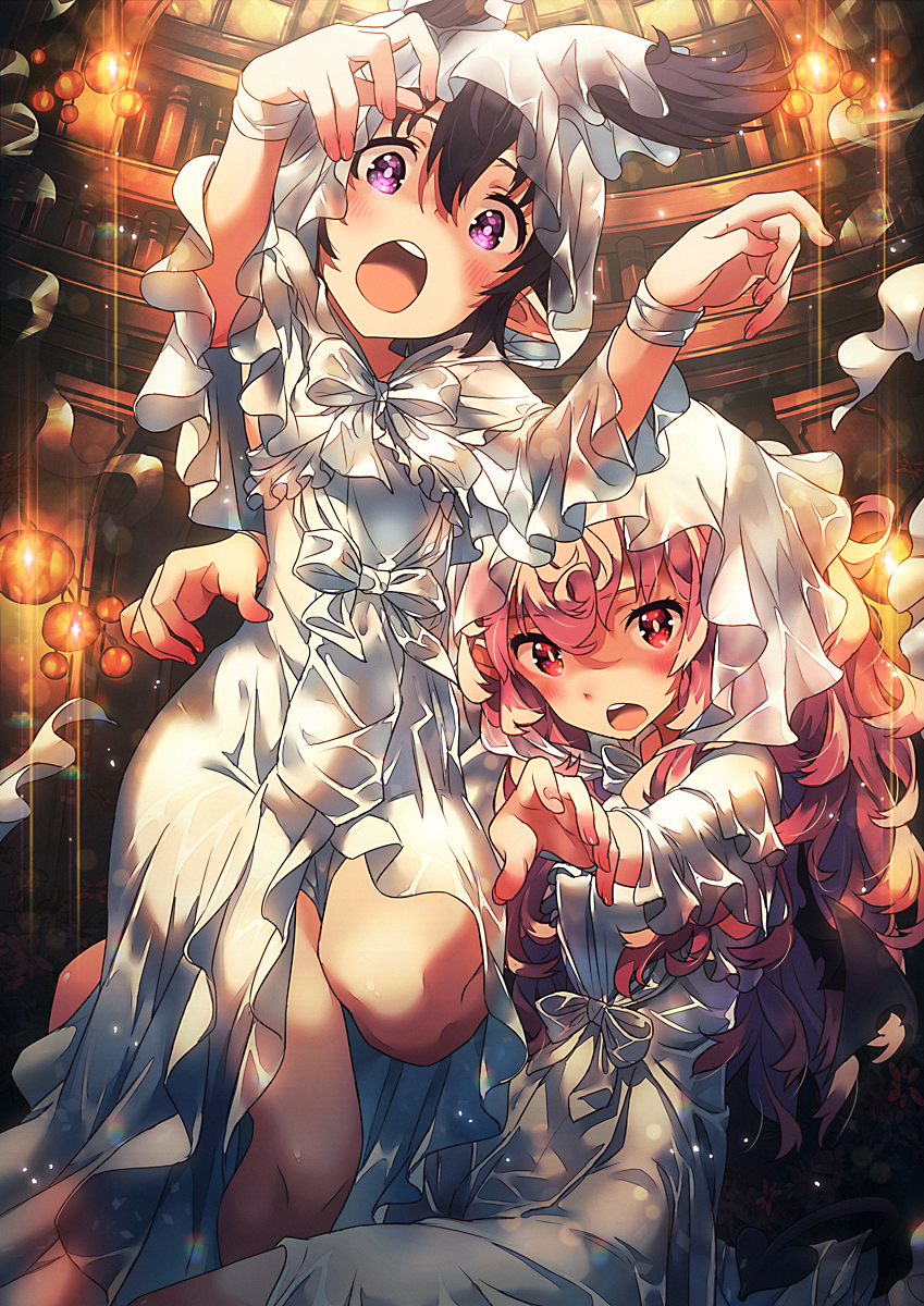 2girls bandage black_hair blonde_hair blush demon_tail dress halloween highres leg_up long_hair looking_at_viewer multiple_girls narumi_arata open_mouth original outstretched_arms pointy_ears red_eyes revision short_hair sitting standing tail veil violet_eyes zombie_pose