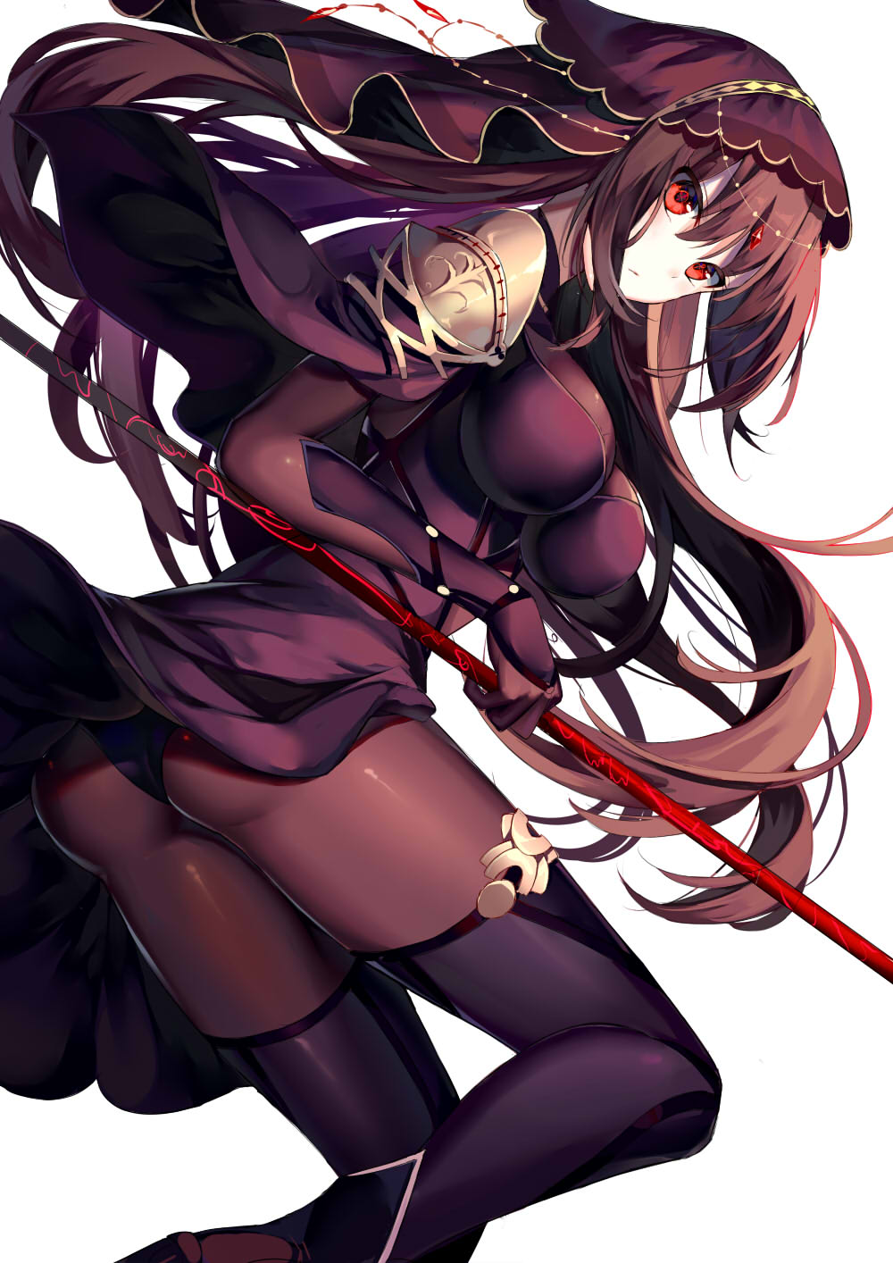 1girl armor ass bodysuit breasts fate/grand_order fate_(series) from_behind gae_bolg gloves highres holding holding_weapon large_breasts long_hair looking_at_viewer okotoburi pauldrons polearm purple_bodysuit purple_gloves purple_hair purple_legwear red_eyes scathach_(fate/grand_order) shoulder_armor spear veil very_long_hair weapon