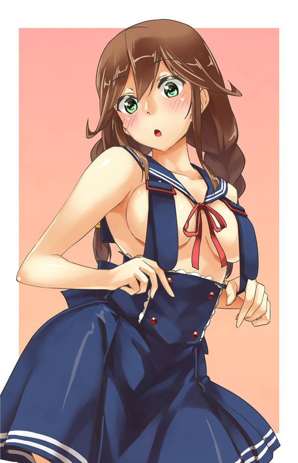 1girl abo_(hechouchou) armpits blue_dress blush braid breasts brown_hair collarbone dress green_eyes kantai_collection long_hair looking_at_viewer medium_breasts noshiro_(kantai_collection) open_mouth outside_border pink_background revealing_clothes sailor_collar sideboob simple_background solo strap_pull striped striped_dress twin_braids upper_body white_border