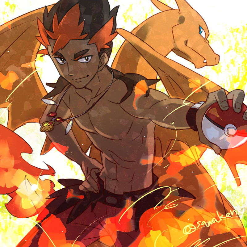 1boy blue_eyes charizard collarbone dark_skin dark_skinned_male eyebrows fire flame hand_on_hip holding holding_poke_ball jewelry kaki_(pokemon) kanimaru looking_at_viewer male_focus multicolored_hair muscle necklace poke_ball pokemon pokemon_(game) pokemon_sm redhead shirtless standing twitter_username wristband