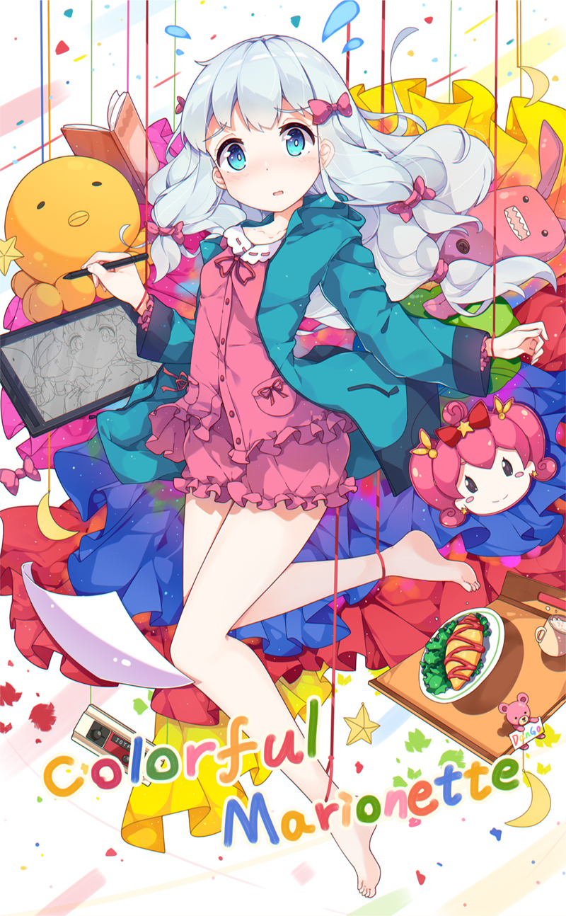 1girl bangs barefoot blue_eyes blush book bow circle_name dango_remi eromanga_sensei eyebrows_visible_through_hair floating_hair food grey_hair hair_bow highres holding hoshikuzu_witch_meruru izumi_sagiri jacket long_hair looking_at_viewer meruru_(oreimo) omurice open_book open_clothes open_jacket pajamas parted_lips pink_bow smile solo stuffed_animal stuffed_bunny stuffed_toy stylus tablet