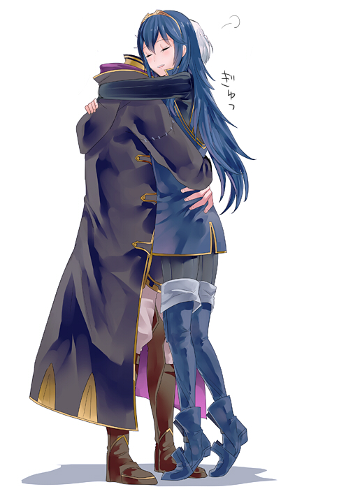 1boy 1girl blue_hair blush cape closed_eyes couple fingerless_gloves fire_emblem fire_emblem:_kakusei full_body gloves hetero hug long_hair lucina male_my_unit_(fire_emblem:_kakusei) mejiro my_unit_(fire_emblem:_kakusei) open_mouth short_hair silver_hair simple_background smile tiara white_background