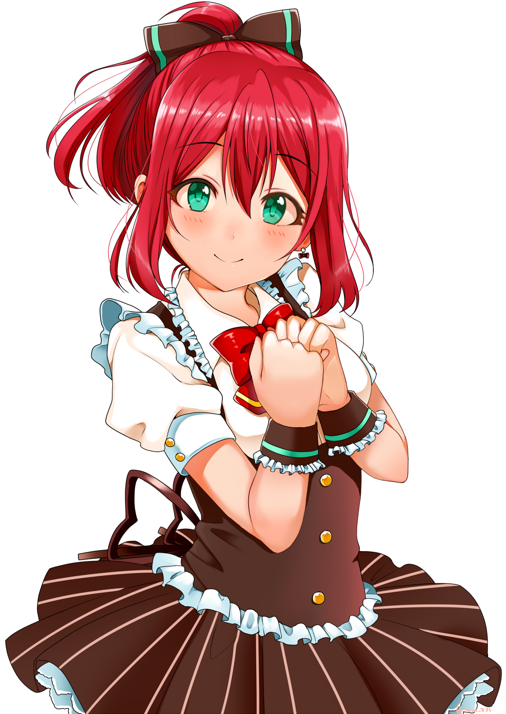 1girl alternate_hairstyle blush bow bowtie clenched_hands closed_mouth dress eyebrows_visible_through_hair green_eyes hair_between_eyes head_tilt highres kurosawa_ruby long_hair looking_at_viewer love_live! love_live!_sunshine!! own_hands_together ponytail puffy_short_sleeves puffy_sleeves redhead revision short_sleeves simple_background smile solo tarachine white_background wrist_cuffs