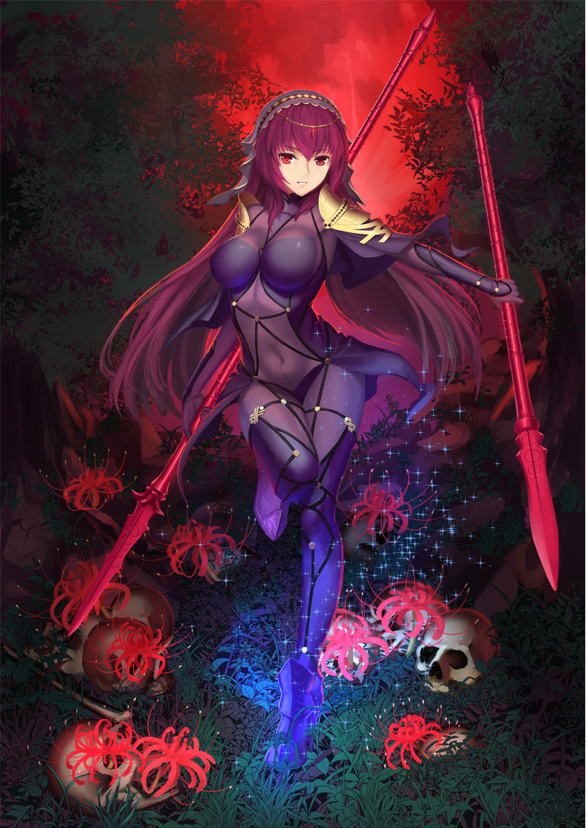 1girl bodysuit breasts ccjn covered_navel dual_wielding fate/grand_order fate_(series) flower full_body gae_bolg large_breasts leg_up long_hair looking_at_viewer outstretched_arm parted_lips pauldrons polearm purple_bodysuit purple_hair red_eyes revision scathach_(fate/grand_order) skull smile solo sparkle spear spider_lily standing tree veil very_long_hair weapon