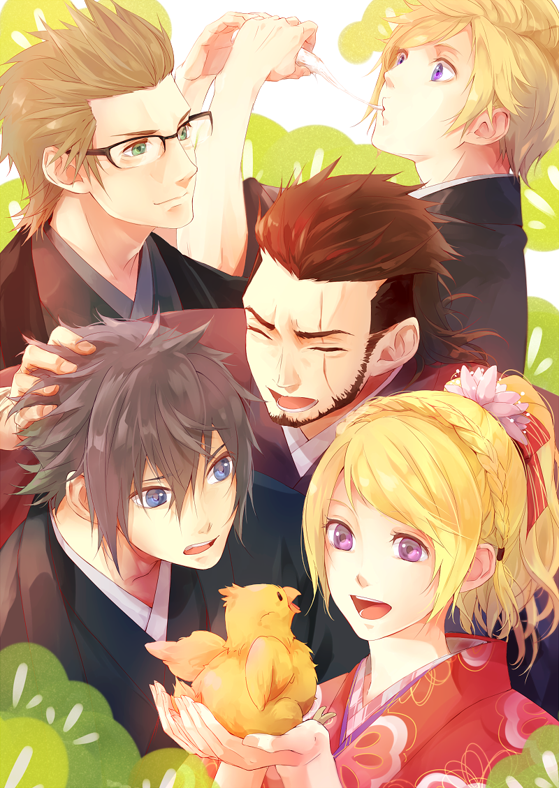 1girl 4boys akirakarin bird black_hair blonde_hair blue_eyes brown_hair chocobo final_fantasy final_fantasy_xv flower food gladiolus_amicitia glasses green_eyes hair_flower hair_ornament ignis_scientia japanese_clothes kimono lunafreya_nox_fleuret male_focus mochi multiple_boys noctis_lucis_caelum ponytail prompto_argentum scar violet_eyes wagashi