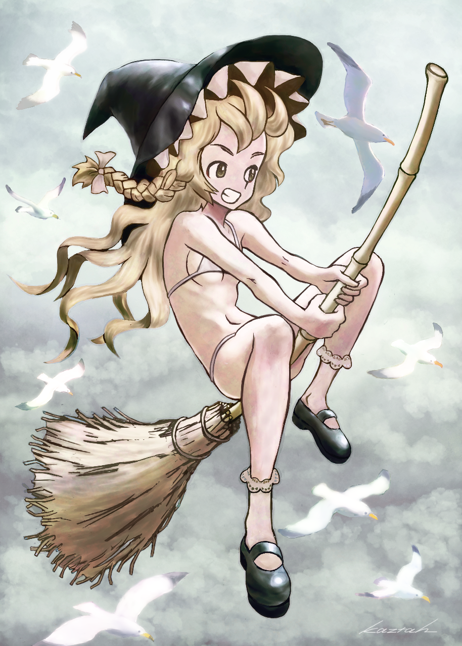 1girl alternate_costume animal arched_back artist_name bamboo bamboo_broom bangs bare_arms between_legs bikini bird black_hat black_shoes blonde_hair bow braid breasts broom broom_riding clouds cloudy_sky day facing_away flying full_body grin hair_bow hat highres holding holding_broom kaztah kirisame_marisa legs_apart long_hair looking_away looking_to_the_side mary_janes micro_bikini navel petite raised_eyebrows seagull shoes sideboob single_braid sky small_breasts smile socks swimsuit tareme teeth touhou white_bikini white_bow white_legwear wind witch witch_hat yellow_eyes