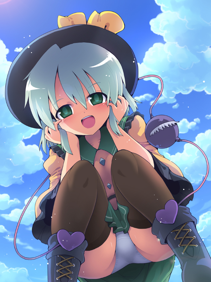 1girl ass black_legwear blouse blush boots cross-laced_footwear green_eyes green_hair green_skirt hat hat_ribbon komeiji_koishi kurogarasu miniskirt open_mouth panties pantyshot ribbon skirt solo thigh-highs third_eye touhou underwear upskirt white_panties yellow_blouse