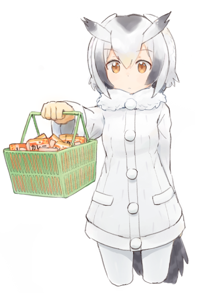 1girl :&lt; arm_behind_back blonde_hair buttons clenched_hand coat collar coupon_(skyth) cowboy_shot cropped_legs curry dot_nose expressionless eyebrows_visible_through_hair food fur_collar gradient_hair grey_hair hand_up head_wings holding holding_basket kemono_friends large_buttons light_brown_eyes long_sleeves looking_at_viewer multicolored_hair northern_white-faced_owl_(kemono_friends) pantyhose pocket shopping shopping_basket short_hair simple_background solo tail tareme white_background white_coat white_hair white_legwear wings