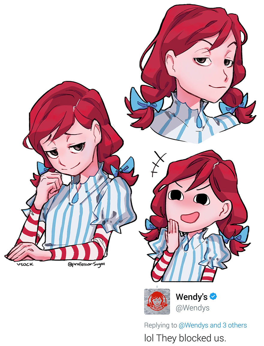 1girl artist_name bow braid brown_eyes commentary hair_bow half-closed_eyes open_mouth puffy_short_sleeves puffy_sleeves redhead short_sleeves signature smile smug solo striped striped_sleeves twin_braids twitter twitter_username vertical_stripes vsock wendy's wendy_(wendy's)