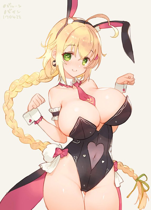 1girl ahoge animal_ears arm_garter bare_shoulders beige_background blonde_hair blush braid breasts bunnysuit cleavage cowboy_shot dated detached_collar earrings eyebrows_visible_through_hair fake_animal_ears gluteal_fold green_eyes hairband heart heart-shaped_pupils heart_ahoge huge_breasts jewelry leotard long_hair looking_at_viewer navel necktie rabbit_ears sabakamen simple_background single_braid smile solo symbol-shaped_pupils thigh_gap very_long_hair wrist_cuffs