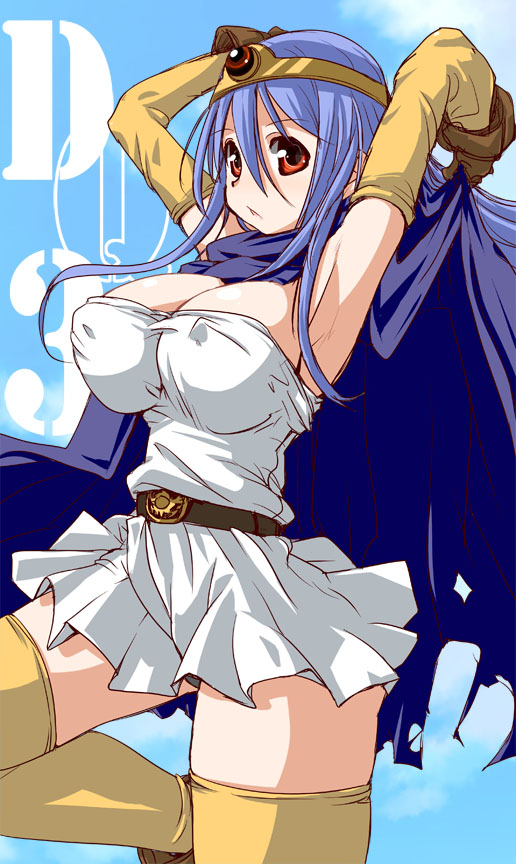 1girl blue_hair breasts cape circlet dragon_quest dragon_quest_iii dress elbow_gloves gloves hirowa_nagi large_breasts long_hair panties pantyshot red_eyes sage_(dq3) solo thigh-highs underwear