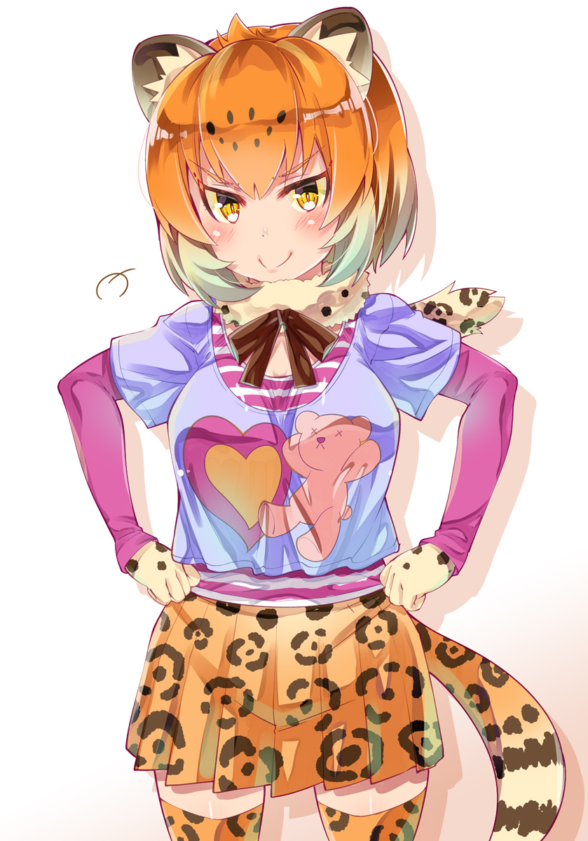 &gt;:&gt; &gt;:) 1girl :&gt; :&lt; animal_print aqua_hair bear_print blonde_hair blush closed_mouth cosplay eyebrows_visible_through_hair head_tilt heart heart_print highres idolmaster idolmaster_cinderella_girls imu_sanjo jaguar_(kemono_friends) jaguar_ears kemono_friends kohinata_miho kohinata_miho_(cosplay) long_sleeves looking_at_viewer multicolored_hair orange_hair pleated_skirt purple_shirt seiyuu_connection shirt short_hair short_sleeves silhouette skirt slit_pupils smile solo striped striped_shirt tail thigh-highs tsuda_minami tsurime white_background x_x yellow_eyes zettai_ryouiki