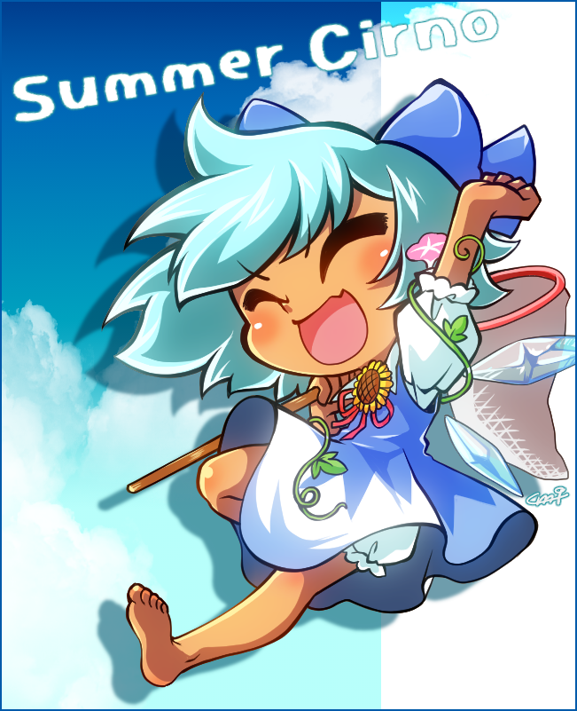 &gt;_&lt; 1girl :d arm_up barefoot bloomers blue_bow blue_dress blue_hair blue_sky bow butterfly_net character_name cirno closed_eyes clouds commentary_request dress english flower full_body hair_bow hand_net hidden_star_in_four_seasons ice ice_wings kamui_setsuna morning_glory open_mouth pink_flower short_hair signature sky smile solo summer sunflower tan touhou underwear white_bloomers wings xd