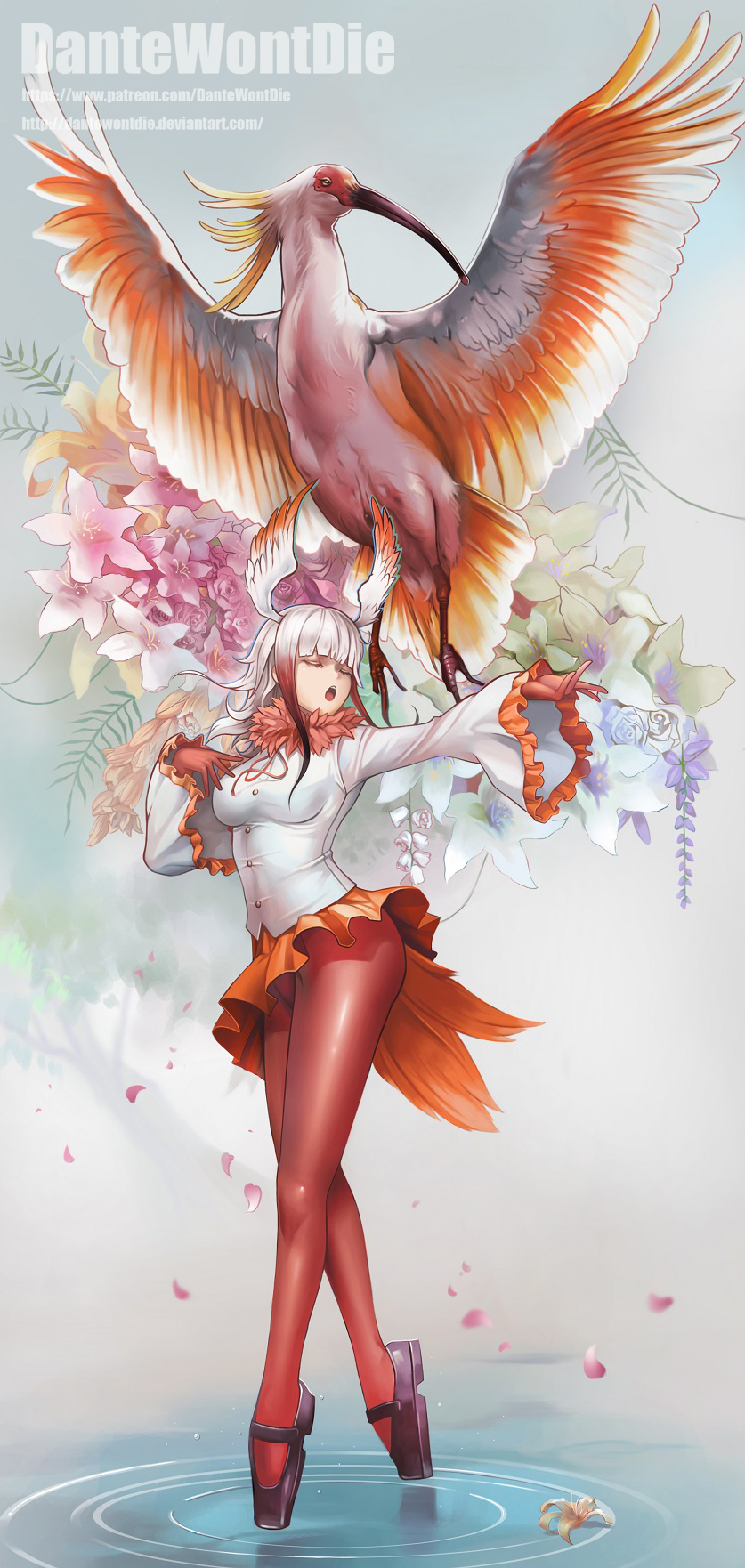 1girl artist_name bangs bird black_shoes blunt_bangs breasts closed_eyes crested_ibis crested_ibis_(kemono_friends) dantewontdie floral_background frilled_sleeves frills from_side full_body gloves grey_background head_wings highres japanese_crested_ibis_(kemono_friends) kemono_friends long_hair long_sleeves mary_janes medium_breasts multicolored_hair open_mouth outstretched_arm pantyhose petals red_gloves red_legwear redhead ripples shirt shoes skirt solo standing tail two-tone_hair watermark web_address white_hair white_shirt