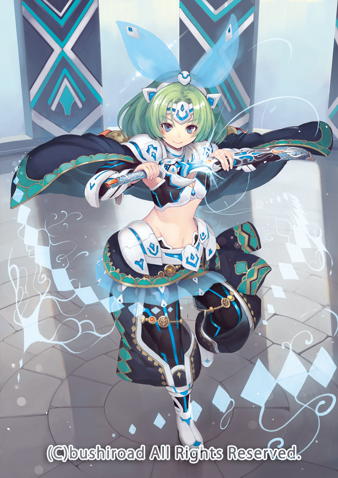 1girl blue_eyes boots bow breasts capelet cardfight!!_vanguard cleavage company_name dagger full_body green_hair headband knight_of_ceremonies_pil long_hair looking_at_viewer medium_breasts midriff navel official_art saitou_takeo sheath smile solo standing unsheathing weapon