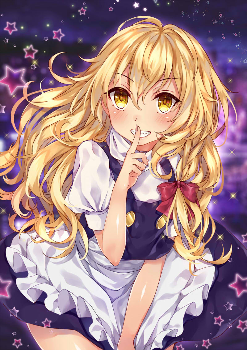 &gt;:) 1girl apron bangs black_dress blonde_hair blush bow braid cowboy_shot cowlick dress dress_tug grin hair_bow index_finger_raised kirisame_marisa komazuki_(komaworks240) long_hair looking_at_viewer no_hat no_headwear puffy_short_sleeves puffy_sleeves red_bow short_sleeves side_braid smile solo star touhou waist_apron yellow_eyes