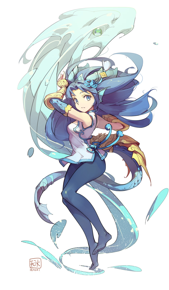 1girl black_hair blue blue_eyes blue_legwear brass_knuckles chinese_clothes dragon dragon_tail floating_hair from_side full_body highres horns karin_(p&amp;d) long_hair no_shoes pantyhose parted_lips puzzle_&amp;_dragons revision sleeveless solo tail tennohi water weapon white_background