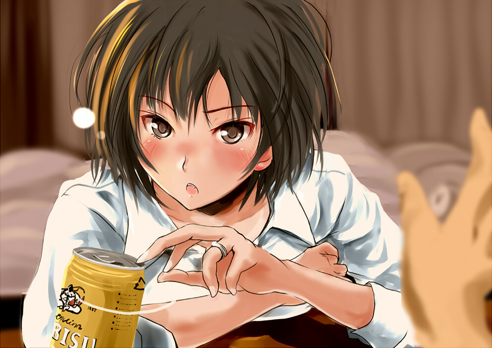 1girl :o alcohol amagami bed beer blush brown_eyes brown_hair can collarbone collared_shirt curtains drunk indoors jewelry looking_at_viewer murasaki_iro nanasaki_ai older open_mouth out_of_frame pov revision ring shirt short_hair solo_focus upper_body wedding_band white_shirt wing_collar yebisu