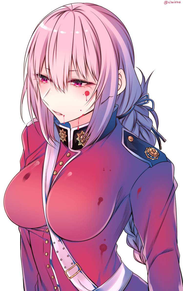 1girl between_breasts blood blood_on_face bloody_clothes braid breasts commentary_request fate/grand_order fate_(series) florence_nightingale_(fate/grand_order) large_breasts long_hair military military_uniform pink_hair red_eyes shisei_(kyuushoku_banchou) solo uniform upper_body white_background