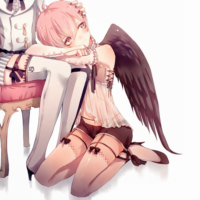 2boys babydoll bananaxcs7 bare_shoulders boots bow chair choker crossdressinging elbow_gloves feathered_wings garter_straps garters gloves head_out_of_frame high_heels lap_pillow multiple_boys nail_polish navel original panty_straps petting pink_eyes pink_hair short_hair short_shorts shorts shota sitting thigh-highs thigh_boots trap white_legwear wings