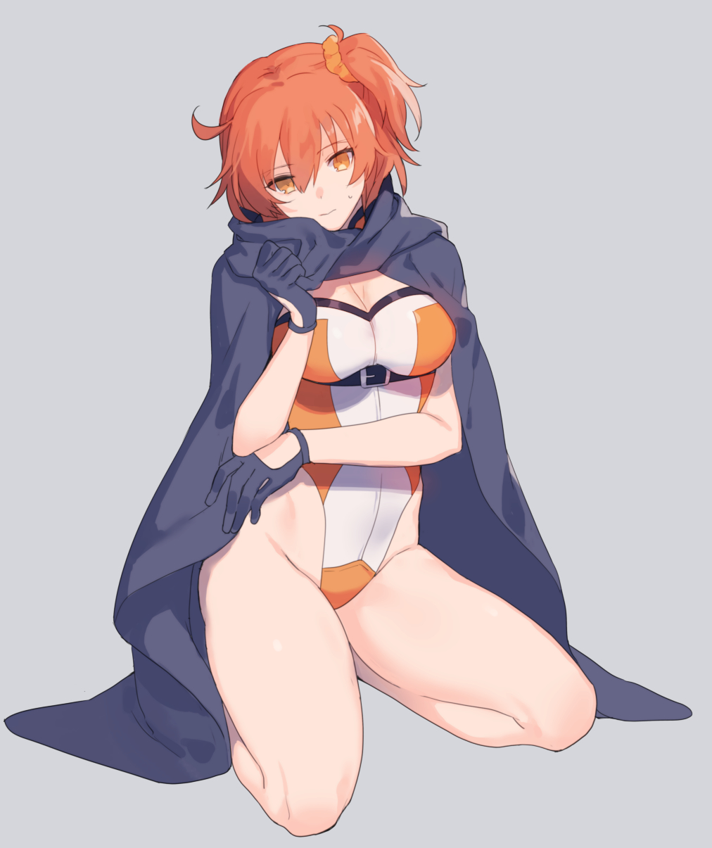 1girl 884 breasts cape cleavage commentary_request fate/grand_order fate_(series) fujimaru_ritsuka_(female) full_body gloves grey_background groin highres hip_bones kneeling large_breasts orange_eyes side_ponytail simple_background solo sweatdrop thighs