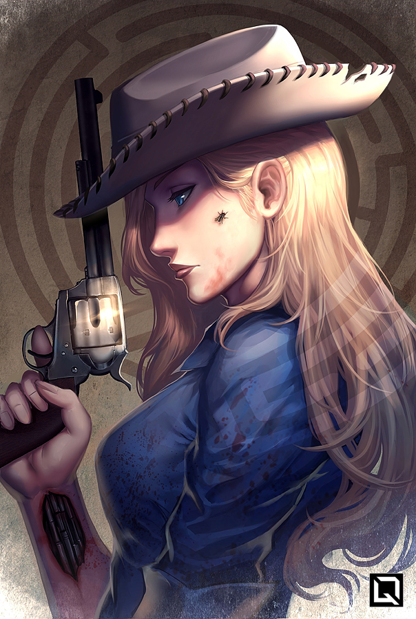 1girl android blonde_hair blood blue_eyes breasts cowboy_hat dolores_abernathy expressionless fly gun handgun hat kuroi-tsuki long_hair maze medium_breasts profile revolver shaded_face solo spoilers weapon westworld