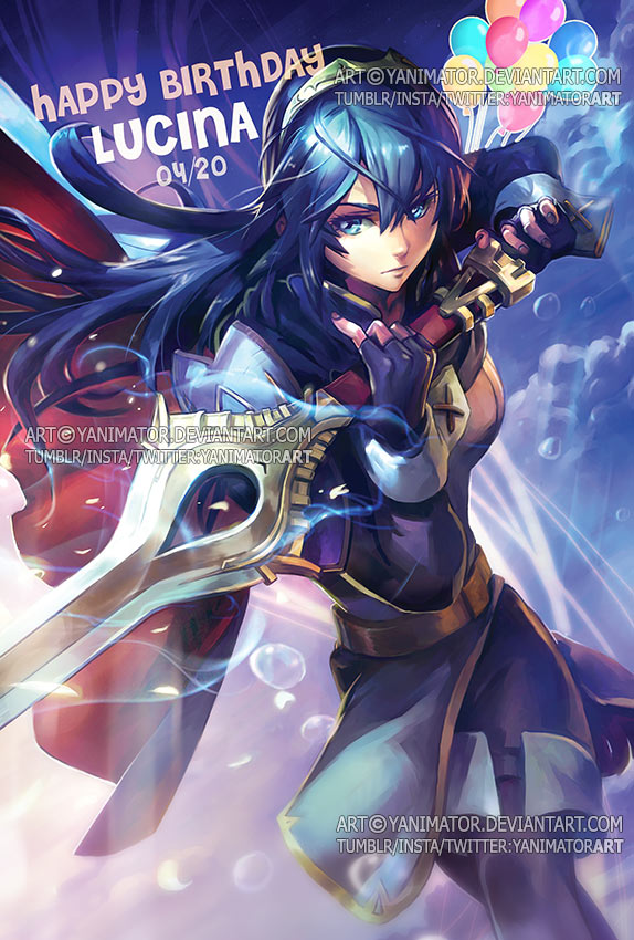 1girl artist_name blue_eyes blue_hair cape english falchion_(fire_emblem) fingerless_gloves fire_emblem fire_emblem:_kakusei fire_emblem_if gloves kevin_yan long_hair lucina solo sword tiara weapon