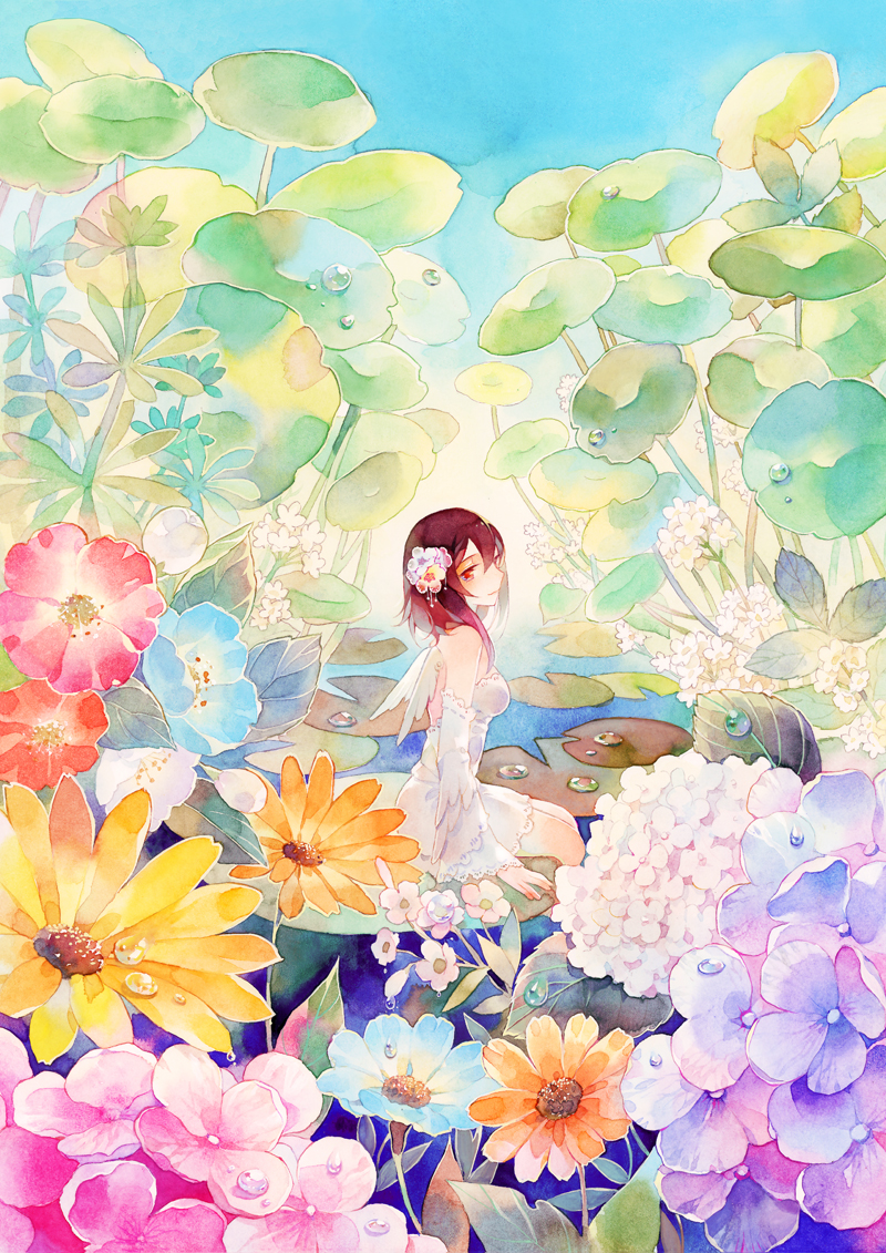 1girl bare_shoulders blue_sky breasts character_request detached_sleeves dress flower hair_flower hair_ornament hydrangea leaf lily_pad looking_at_viewer medium_breasts medium_hair plant red_eyes redhead rei_(456789io) scenery sitting sky solo traditional_media vocaloid water water_drop watercolor_(medium) white_dress wings