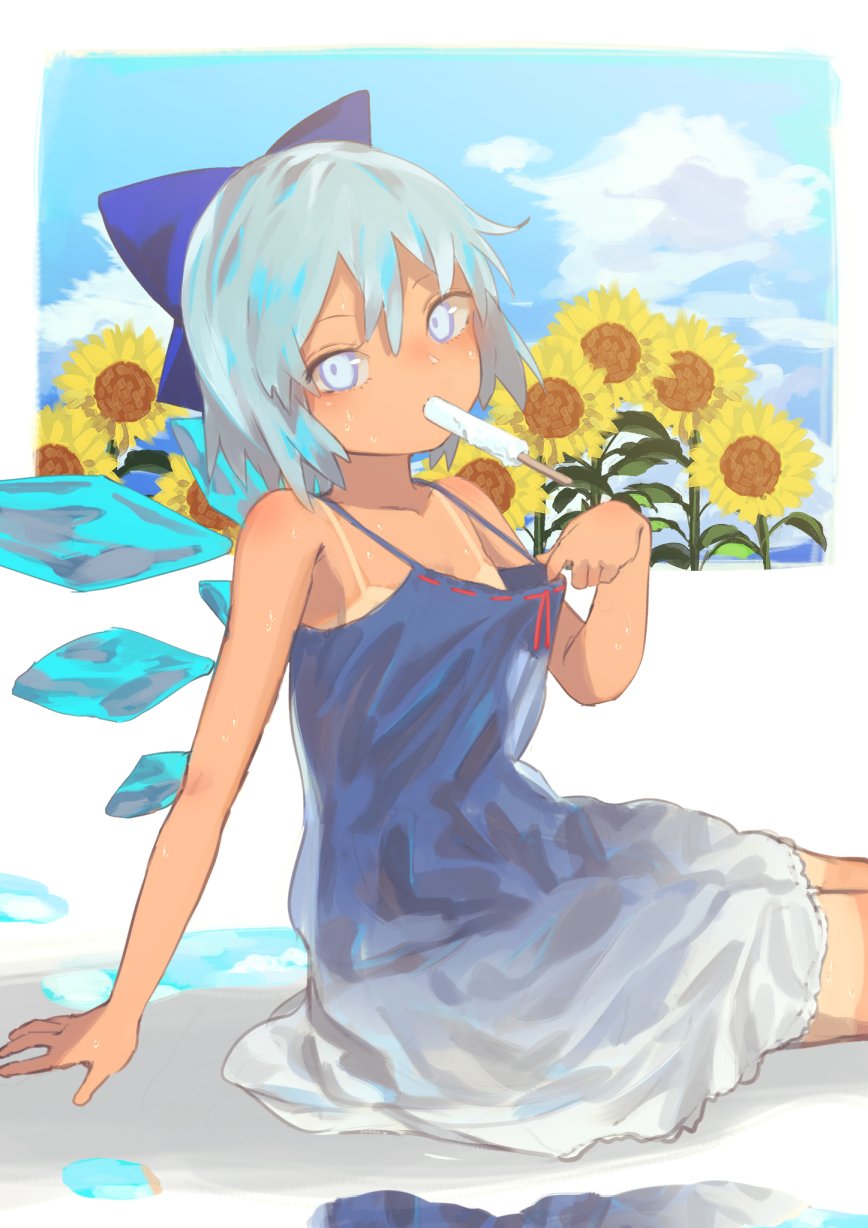 1girl arm_support bare_shoulders berabou blue_eyes blue_hair blush body_blush cirno dress flower food hidden_star_in_four_seasons highres ice ice_wings looking_at_viewer popsicle short_hair sitting solo sundress sunflower sweat tan tanline touhou wings