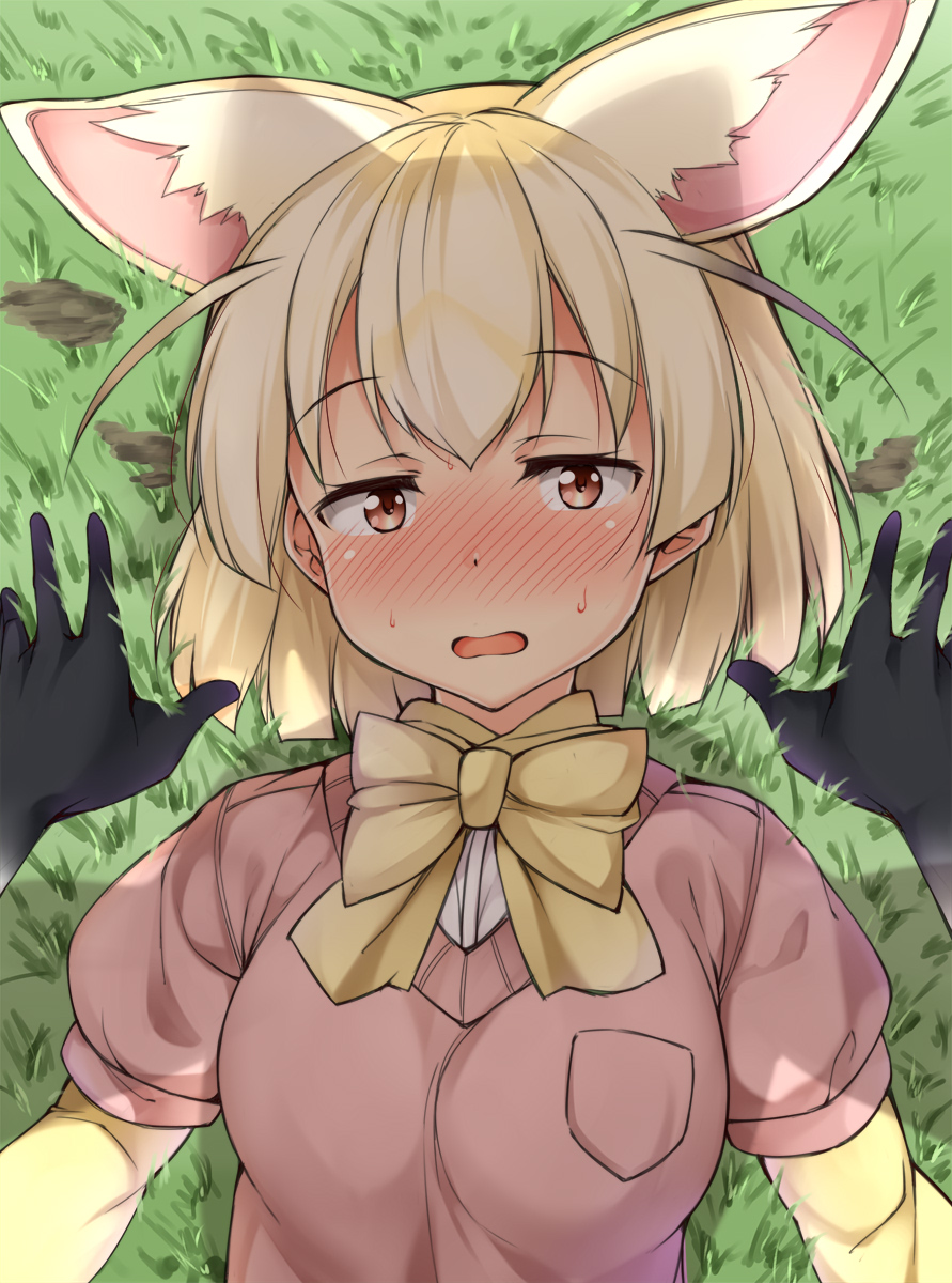 2girls animal_ears black_gloves blonde_hair blush bow bowtie breasts brown_eyes commentary_request common_raccoon_(kemono_friends) fennec_(kemono_friends) fox_ears gloves grass highres kemono_friends kuragari looking_at_viewer lying medium_breasts multicolored_hair multiple_girls on_back open_mouth pink_sweater raccoon_(kemono_friends) short_hair short_sleeves solo_focus sweater upper_body yuri