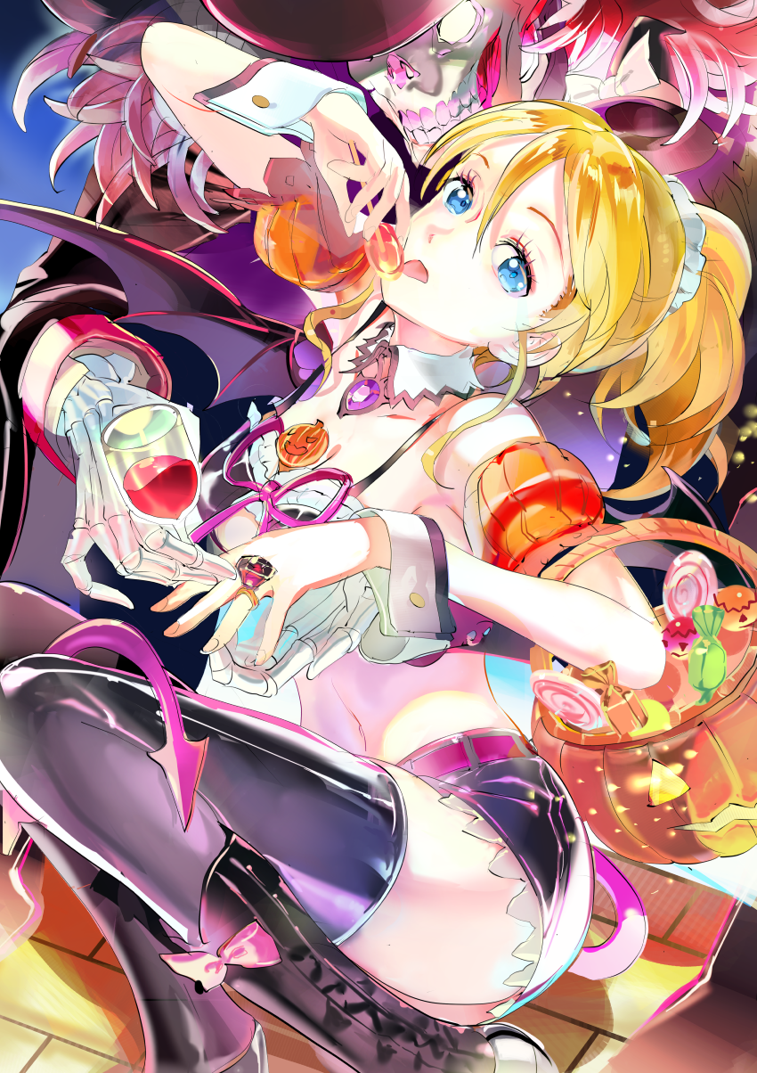 119 1girl ayase_eli black_boots black_legwear black_shorts black_wings blonde_hair blue_eyes boots bow breasts choker cleavage collarbone crop_top demon_tail gem hair_bow hair_ornament hair_stick halloween halloween_costume hat hat_bow highres jewelry long_hair looking_at_viewer love_live! love_live!_school_idol_project medium_breasts midriff mini_hat navel pink_bow ponytail ring short_shorts shorts skull stomach tail thigh-highs tongue tongue_out white_bow wings witch_hat wrist_cuffs