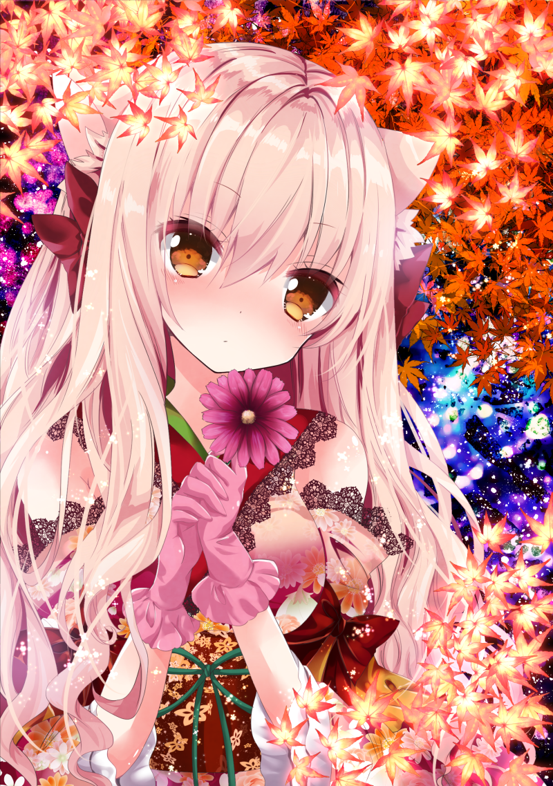 1girl abstract_background animal_ears autumn_leaves bare_shoulders blonde_hair blush bow breasts brown_eyes cat_ears closed_mouth commentary_request detached_sleeves eyebrows_visible_through_hair flower flower_request gloves gradient_hair green_ribbon hair_between_eyes hair_bow head_tilt holding holding_flower japanese_clothes kimono lace_trim leaf_print light_particles long_hair long_sleeves looking_at_viewer medium_breasts multicolored_hair nanase_nao original pink_gloves pink_hair red_bow reflective_eyes ribbon shiny shiny_hair sleeveless sleeveless_kimono tareme upper_body very_long_hair w_arms wavy_hair