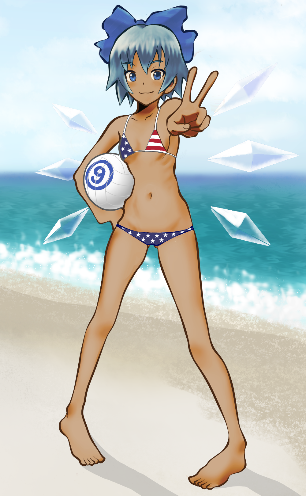 (9) 1girl american_flag_bikini bangs bare_arms bare_legs beach bikini blue_bow blue_eyes blue_hair blush bow breasts carrying_under_arm cirno closed_mouth clouds cloudy_sky collarbone day detached_wings diamond_(shape) eyebrows_visible_through_hair facing_viewer fairy feet fingernails flag_print full_body gluteal_fold groin hair_between_eyes hair_bow hand_on_hip hidden_star_in_four_seasons highres ice ice_wings kaztah legs legs_apart long_legs looking_at_viewer lowleg lowleg_bikini micro_bikini navel number outdoors petite pigeon-toed ribs sand shadow short_hair sidelocks sky small_breasts smile solo standing star star_print striped striped_bikini swimsuit tan toes touhou tsurime v volleyball water wings