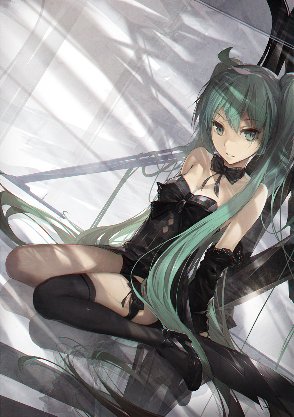 1girl black_legwear black_shoes breasts detached_sleeves dutch_angle green_eyes green_hair hatsune_miku highres kieed long_hair parted_lips reflection shoes single_thighhigh sitting small_breasts solo thigh-highs twintails very_long_hair vocaloid wariza