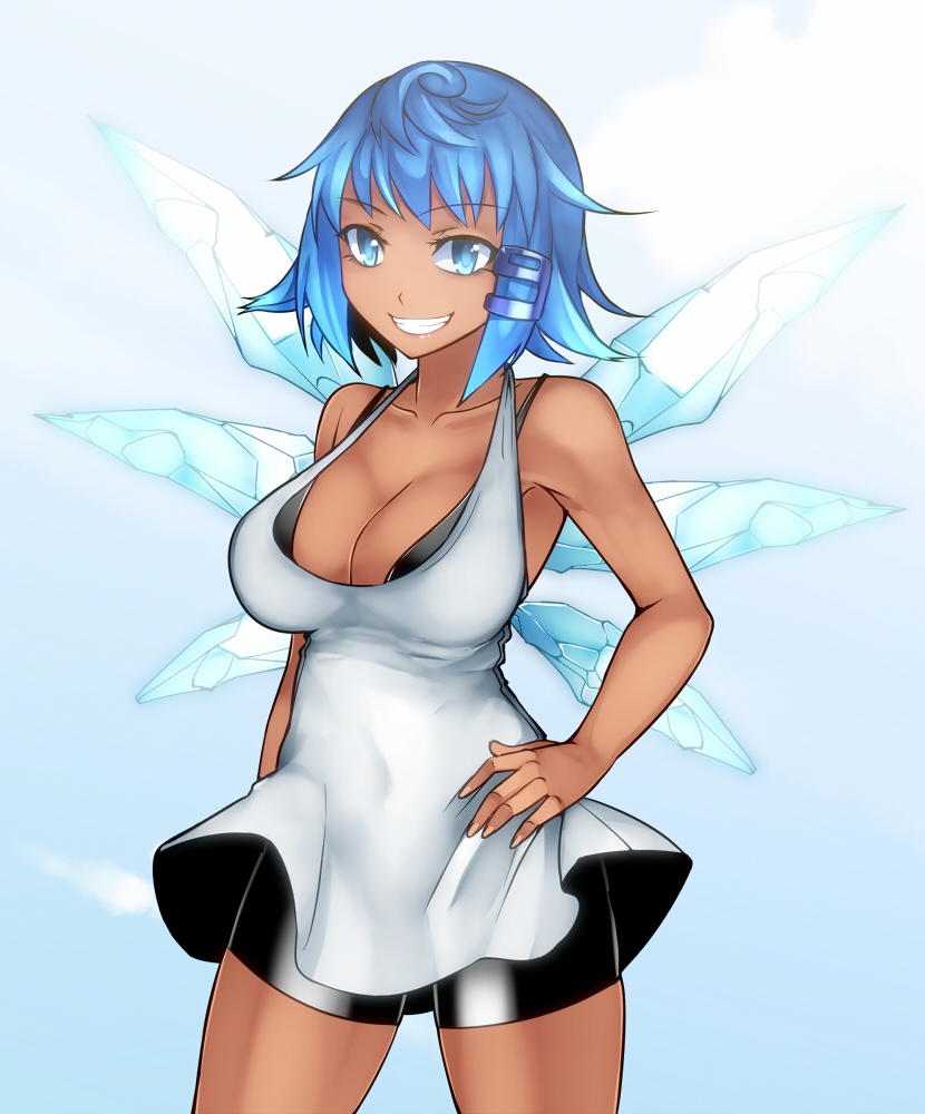 1girl alternate_costume aoshima armpits bangs bare_arms bare_shoulders bike_shorts blue_eyes blue_hair breasts chemise cirno cleavage collarbone cowboy_shot dark_skin dress grin hair_ornament halterneck hand_on_hip hidden_star_in_four_seasons ice ice_wings large_breasts looking_at_viewer medium_breasts older short_dress shorts_under_dress smile solo touhou white_dress wings