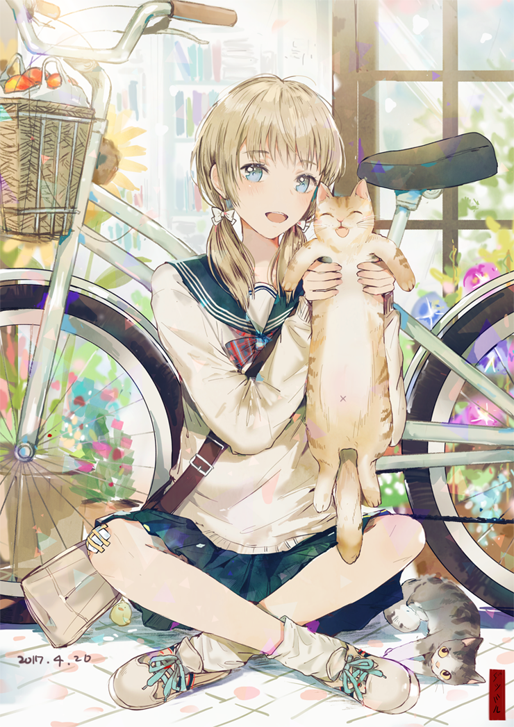 1girl :d animal bag bag_charm bicycle bicycle_basket black_skirt blonde_hair blue_eyes blue_skirt blush book bookshelf bow cat closed_eyes dangmill dated flower food fruit grocery_bag ground_vehicle hair_over_shoulder handbag holding holding_animal holding_cat indian_style long_sleeves looking_at_viewer morning_glory on_ground open_mouth original outdoors plaid plaid_bow school_uniform serafuku shoes shopping_bag shoulder_bag sitting skirt smile sneakers socks sunflower teeth twintails white_bow white_legwear