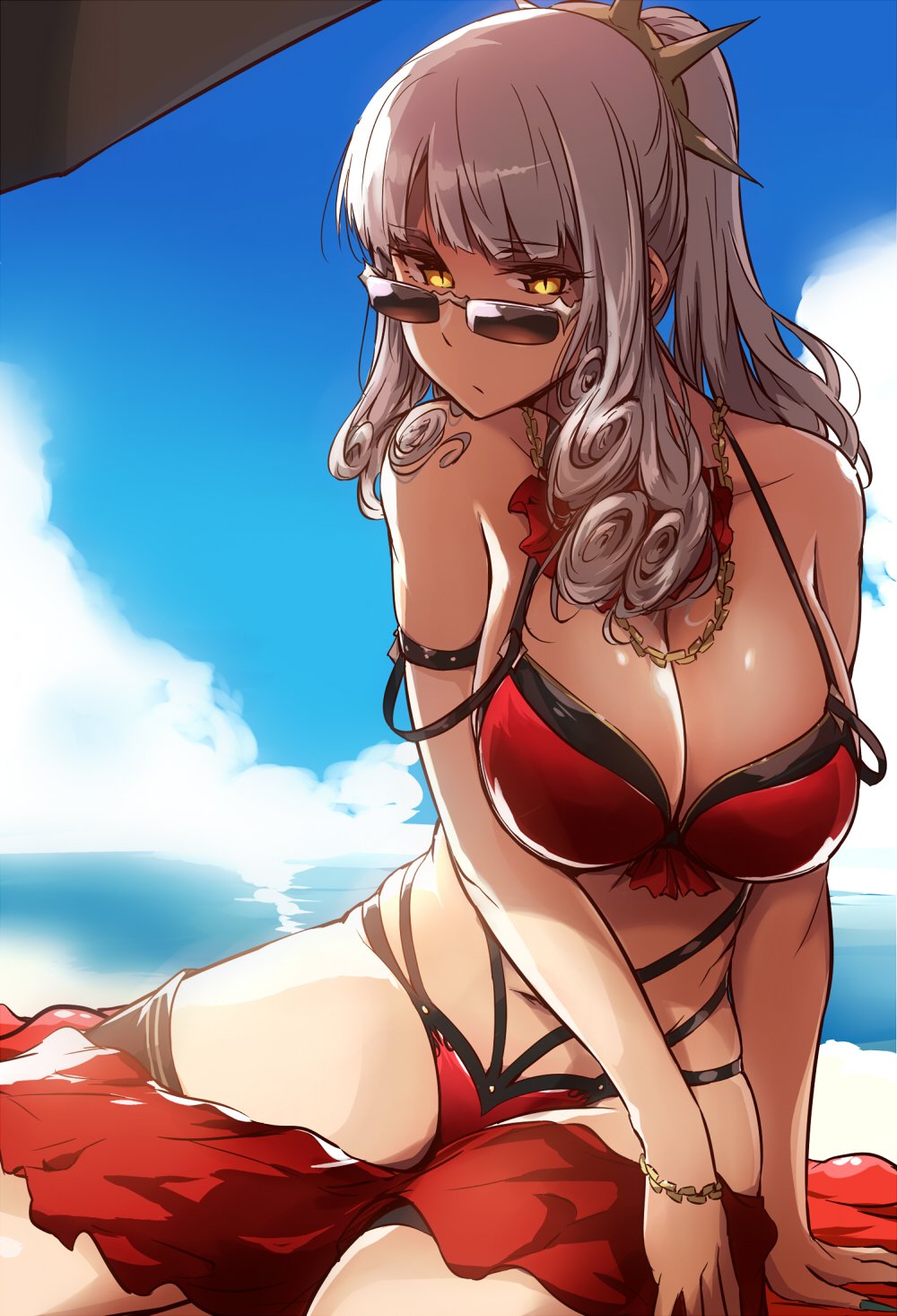 1girl bare_shoulders beach bikini blush bracelet breasts carmilla_(fate/grand_order) chain_necklace cleavage clouds curly_hair day fate/grand_order fate_(series) hair_ornament highres jewelry large_breasts long_hair looking_at_viewer navel necklace ocean ponytail red_bikini sarong shadow sidelocks silver_hair sky solo strap_slip summertime_mistress_(fate/grand_order) sunglasses swimsuit thighs tokiwa_mmm umbrella wristband yellow_eyes