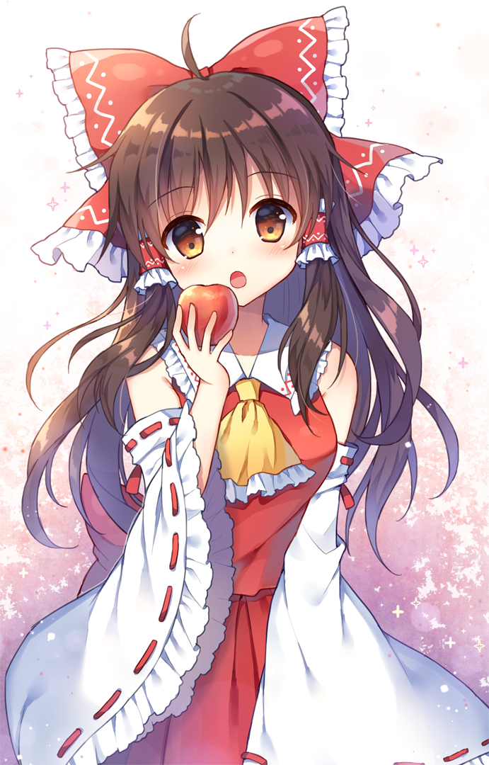 1girl ahoge apple bangs blush bow brown_eyes brown_hair detached_sleeves food fruit hakurei_reimu japanese_clothes long_hair long_sleeves mauve miko open_mouth red_bow sleeves solo strapless touhou